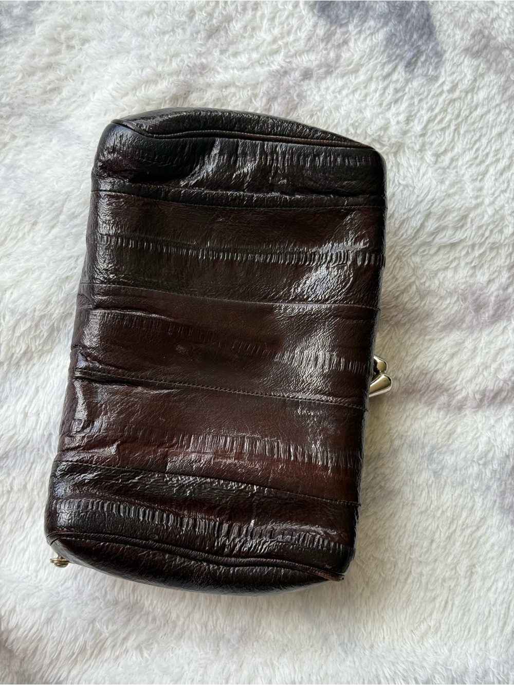 Vintage Genuine Eel Skin Coin Purse Black Kiss Lock Wallet Mirror Leather
